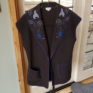 Venario Black 100% Wool Embroidered‎ Sz. L Vest with Blue & White Accents